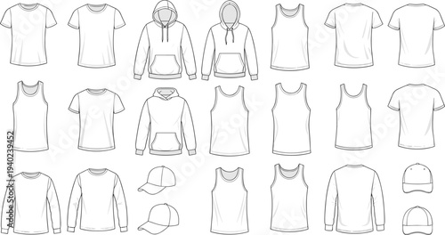 Clothing and accessory illustration featuring t-shirts, tank tops, hoodies, long-sleeve shirts, and baseball caps, showcasing casual fashion apparel and wardrobe design templates