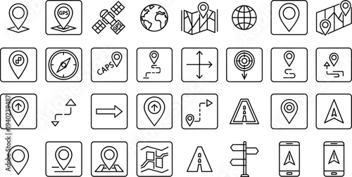 Collection of 30 navigation and GPS icons including maps, pins, compasses, satellites, arrows, and smartphones, versatile vector illustration for travel, location, and technology concepts