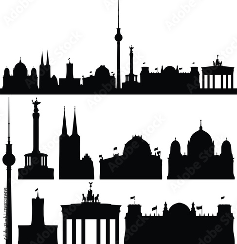 Berlin city skyline silhouette set, famous German landmarks including Brandenburg Gate and TV Tower, architecture travel vector illustration