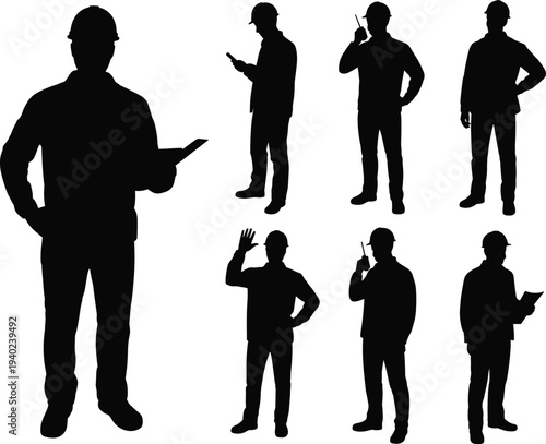 Construction engineer worker silhouettes with clipboard radio communication, builder supervisor industrial workforce isolated black silhouette collection concept