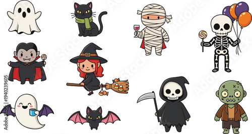 Collection of twelve Halloween cartoon characters including ghost, cat, mummy, skeleton, vampire, witch, bat, grim reaper, and zombie, playful festive vector illustration for holiday design