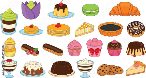 Colorful assortment of desserts and pastries including cakes, cupcakes, donuts, cookies, tarts, puddings, croissants, and macarons, vibrant sweet treat vector illustration for food design concepts