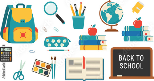 Colorful back to school illustration featuring backpack, books, globe, calculator, pencils, paint set, chalkboard, and supplies, creative vector design for education and learning concepts