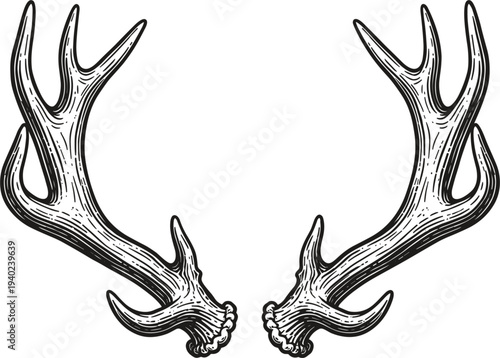 Vintage Deer Antlers Vector Illustration White Background Classic Etching Style