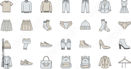 Fashion clothing and accessories collection illustration featuring tops, bottoms, outerwear, footwear, and stylish accessories for wardrobe planning, retail catalog, and fashion design inspiration