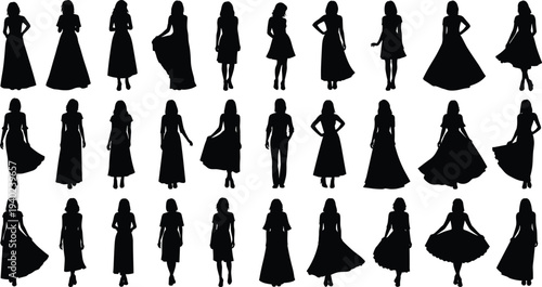 Fashion silhouette illustration featuring thirty women in diverse poses wearing gowns and dresses, showcasing apparel design variations and wardrobe fashion styles