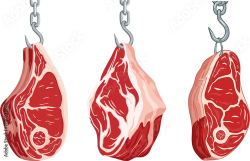 Set of 3 Fresh Raw Meat Cuts Hanging on Metal Hooks Vector Illustration for Butcher Shop, BBQ, or Restaurant Menus
