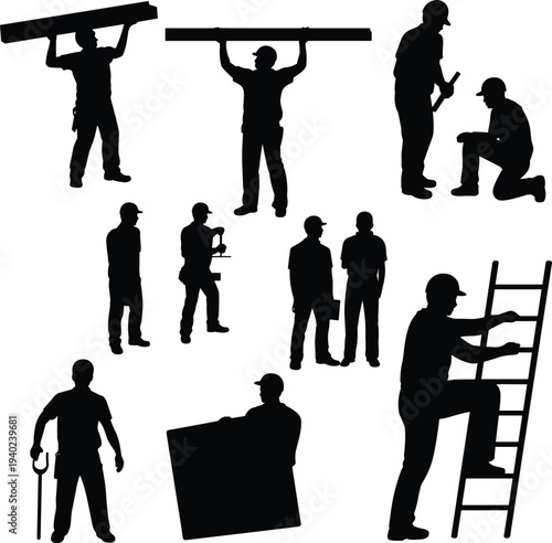 Construction worker silhouettes carrying beams tools ladder teamwork set, builder laborer industrial workforce collection isolated black silhouette concept