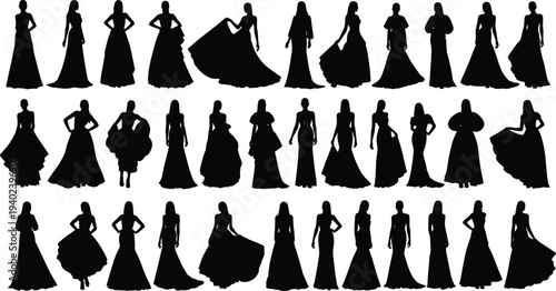 Fashion silhouette illustration featuring thirty women in elegant poses wearing diverse gowns and dresses, showcasing formal apparel styles and wardrobe design variations