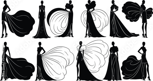 Ten stylized fashion silhouettes in extravagant couture gowns with dramatic ruffles, flowing trains, and artistic shapes, elegant high‑fashion illustration for design, apparel, and creative concepts