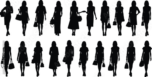 Twenty women silhouettes walking forward with handbags in diverse outfits including dresses, skirts, and pants, stylish fashion illustration for apparel design, posture, and movement concepts