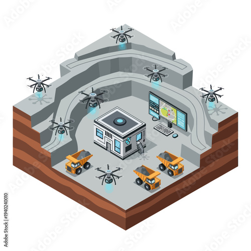 Automated mining operation with drones and autonomous vehicles.