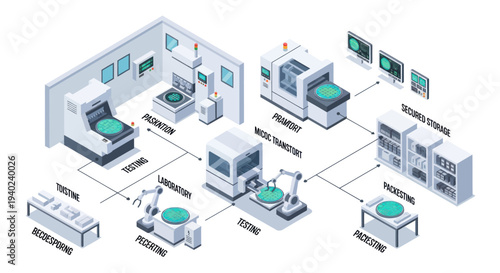 Automated Manufacturing Process with Robotic Arms and CNC Machines.