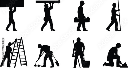 Construction worker silhouettes carrying beams tools ladder working set, builder laborer industrial workforce isolated black silhouette collection concept