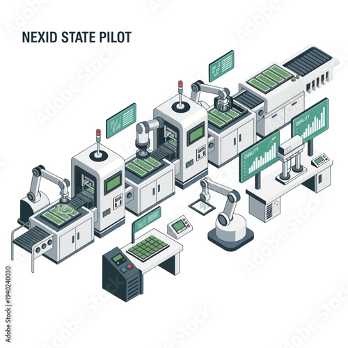 Automated Manufacturing Production Line with Robotic Arms and Digital Displays.