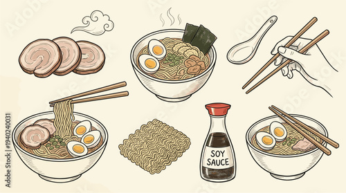 A vibrant illustration of ramen ingredients and dishes, including bowls of noodles, slices of pork, boiled eggs, soy sauce, and various cooking utensils on a clean background.