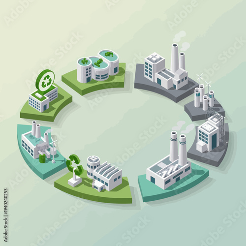 Circular economy concept with factories and recycling symbols.