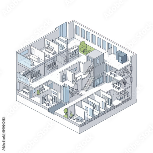Detailed Isometric Architectural Floor Plan of a Modern Multi-Story Building.