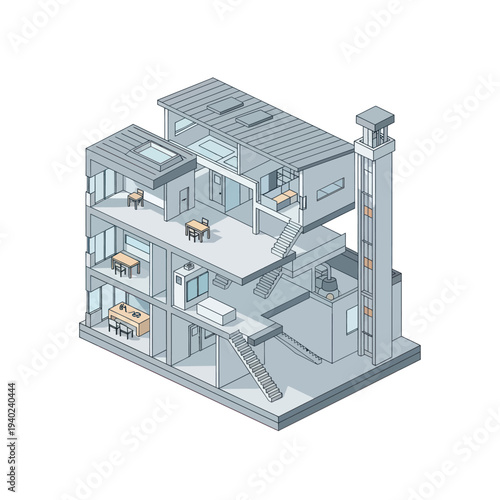 Detailed Isometric View of a Multi-Story Modern Building Interior.