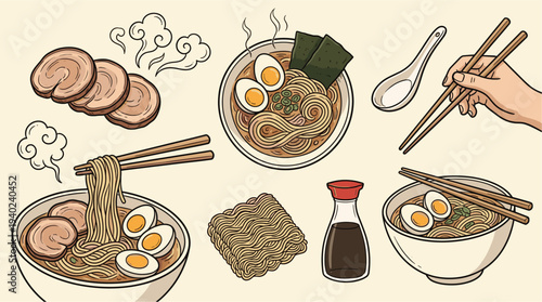 A vibrant illustration of various ramen bowls with eggs, noodles, and toppings, accompanied by chopsticks, sauce, and slices of meat on a clean background.