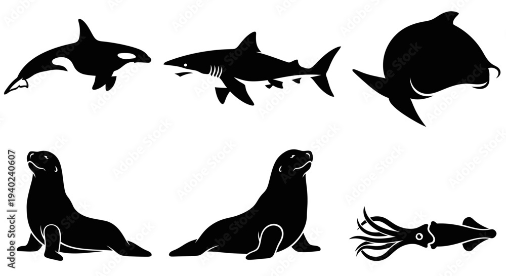 Obraz premium Marine Animals Silhouettes Collection: Orca, Shark, Dolphin, Seals, and Squid