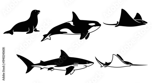 Marine Animals Silhouettes Collection: Orca, Shark, Sea Lion, and Rays