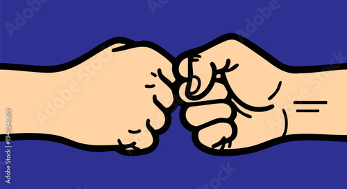 Two cartoon fists bumping together in a friendly gesture, symbolizing collaboration, teamwork, and agreement on a solid blue background, vector illustration