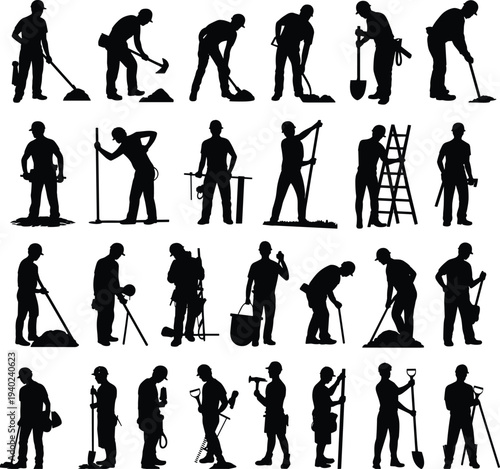 Construction worker silhouettes digging cleaning ladder tools set, builder laborer industrial workforce collection isolated black silhouette concept