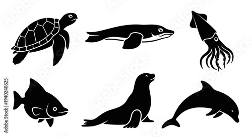 Marine Animals Silhouettes Collection: Turtle, Manatee, Squid, Fish, Seal, Dolphin Icons