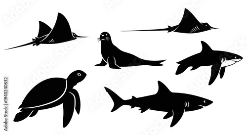 Marine Animals Silhouettes Collection: Shark, Ray, Turtle, Seal Set