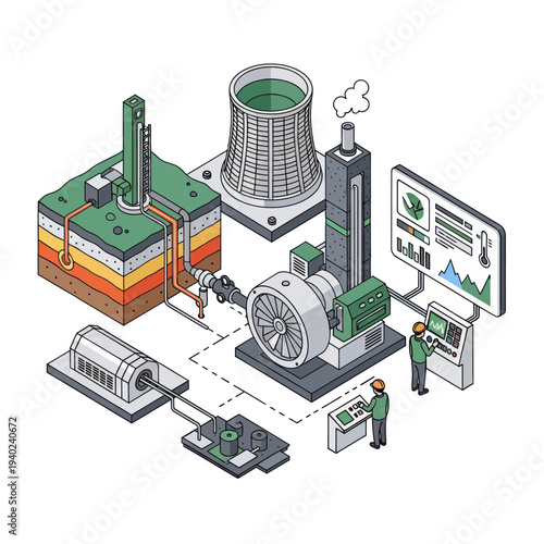 Geothermal Power Plant Schematic Diagram for Energy Generation.