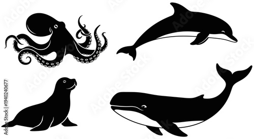 Marine Animals Silhouettes Set: Octopus, Dolphin, Seal, and Whale Vector Illustration