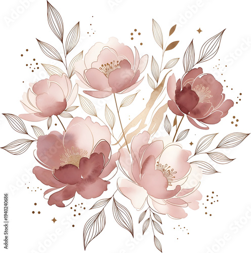 Elegant Watercolor Peony Bouquet with Gold Speckles and Delicate Line Art