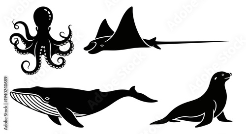 Marine Animals Silhouettes Set: Octopus, Manta Ray, Whale, and Seal Icons