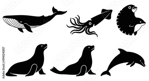 Marine Animals Silhouettes Set: Whale, Squid, Seals, Dolphins, and Seabirds