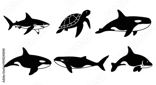 Marine life silhouettes set with shark, turtle, and orcas on white background