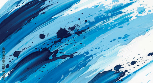 Abstract fluid art with swirling blues and dark splashes on white