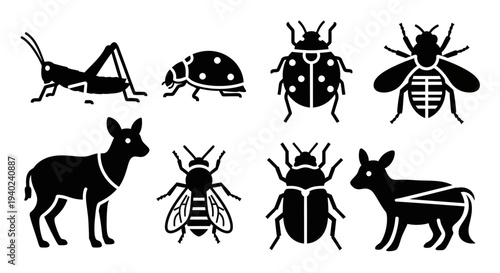 Nature Fauna Silhouettes Set: Bugs and Deer Icons Collection