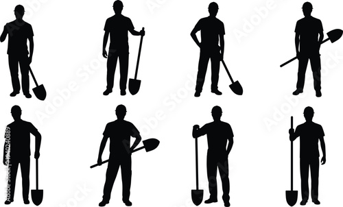Construction worker silhouettes holding shovel tools standing poses, builder laborer industrial workforce isolated black silhouette collection concept