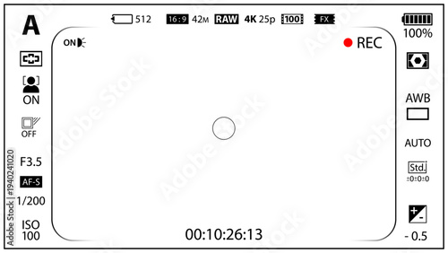 16:9 photo of videocamera focusing screen isolated - digital, mirorless, DSLR, cameraphone. Viewfinder camera recording. 4K ready detailed templates. Vector PNG