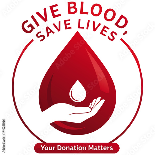 Blood donation logo with Give Blood Save Lives slogan and helping hand