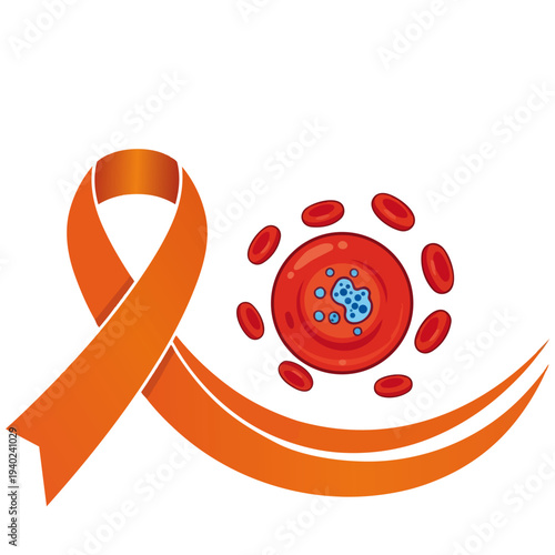 Leukemia awareness symbol with orange ribbon and blood cells