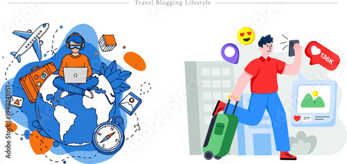 Travel Blogging Lifestyle Flat Vector Digital Nomad Content Creator Illustration