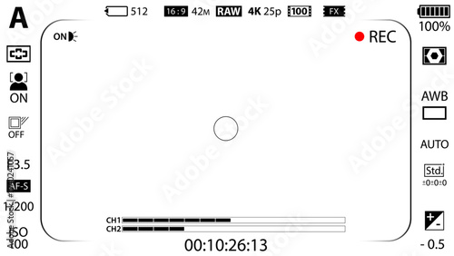 16:9 photo of videocamera focusing screen isolated - digital, mirorless, DSLR, cameraphone. Viewfinder camera recording. 4K ready detailed templates. Vector PNG