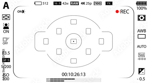 16:9 photo of videocamera focusing screen isolated - digital, mirorless, DSLR, cameraphone. Viewfinder camera recording. 4K ready detailed templates. Vector PNG