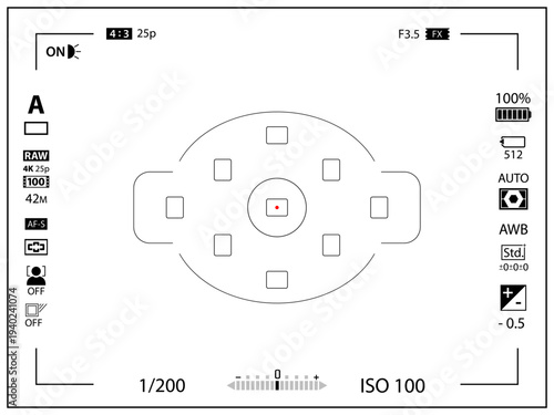 4:3 photo of videocamera focusing screen isolated - digital, mirorless, DSLR, cameraphone. Viewfinder camera recording. 4K ready detailed templates. Vector PNG