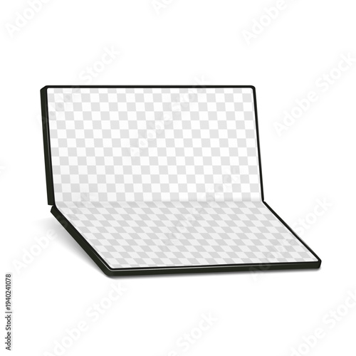 Open foldable smartphone with blank transparent screen. Realistic mock-up. Unfolded flexible display smart phone. 3d vector mockup. Template for design