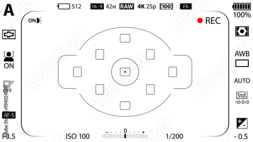 16:9 photo of videocamera focusing screen isolated - digital, mirorless, DSLR, cameraphone. Viewfinder camera recording. 4K ready detailed templates. Vector PNG