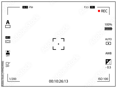 4:3 photo of videocamera focusing screen isolated - digital, mirorless, DSLR, cameraphone. Viewfinder camera recording. 4K ready detailed templates. Vector PNG