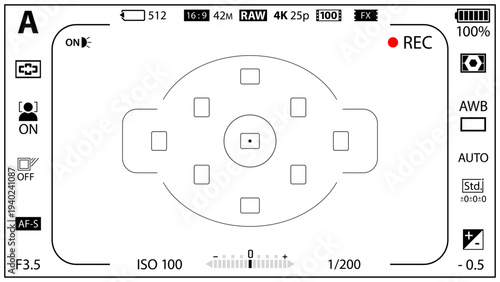 16:9 photo of videocamera focusing screen isolated - digital, mirorless, DSLR, cameraphone. Viewfinder camera recording. 4K ready detailed templates. Vector PNG